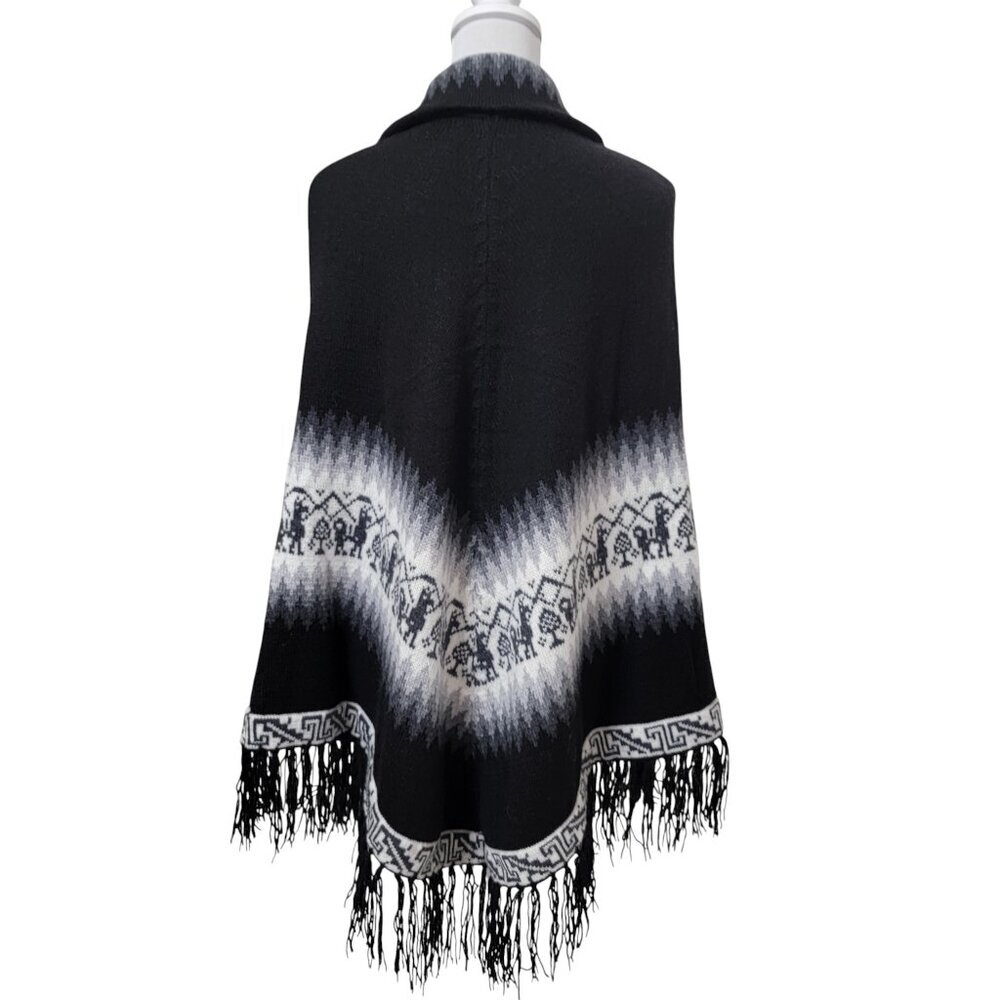 Alpaca Connection Size: One Size Black & White Alpaca Fringed Knit Poncho - Picture 5 of 9